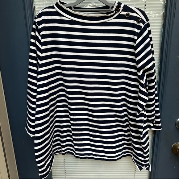 Talbots Tops - Talbots 3X navy white striped 3/4 sleeves buttons 100% cotton nautical blouse